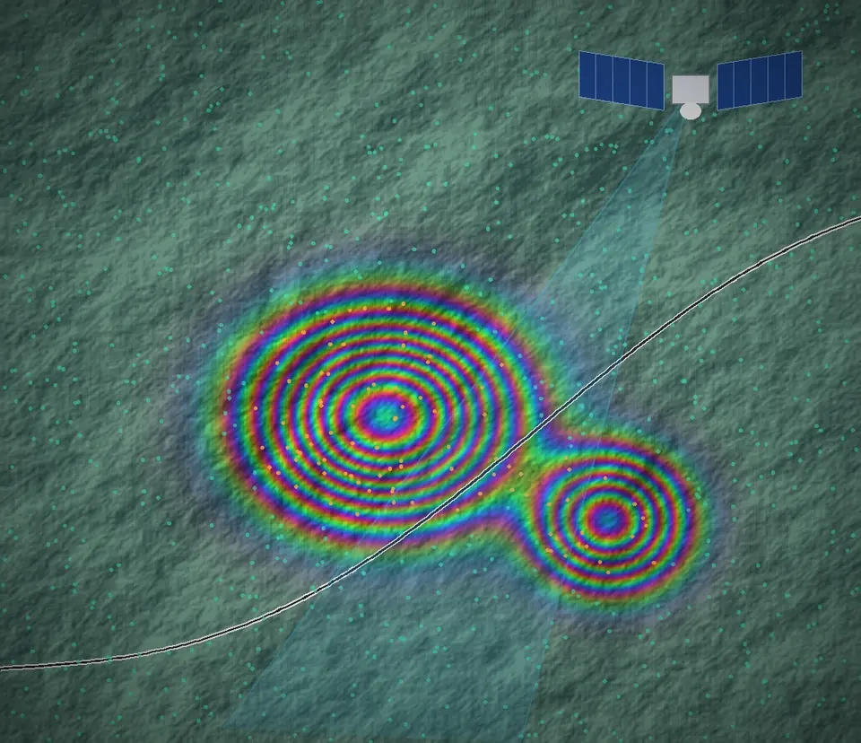 Satellite interferogram showing concentric ground-deformation fringes